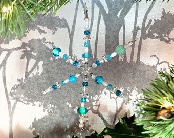 Beaded Snowflake Christmas Tree Decoration in Blue theme 14cm (5.5inches)