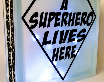 A Superhero Lives Here Nightlight cube, Superhero Glass Light block, Personalised or Personalized Keepsake Gift