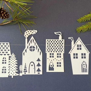 Handmade paper wall decor, Nordic Christmas houses garland, window decorations, paper Christmas decorations, paper Holiday decorations