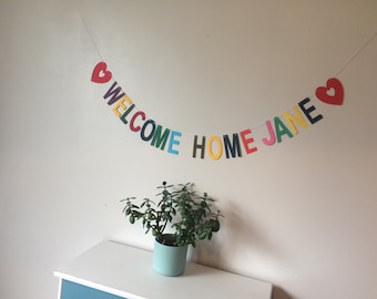 Welcome home bunting, more than one name, personalised party bunting, paper party decorations