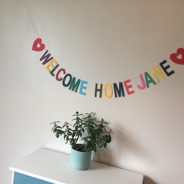 Welcome home bunting, more than one name, personalised party bunting, paper party decorations