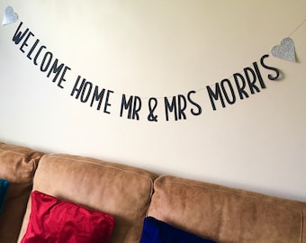 Welcome home Mr and Mrs personalised wedding bunting, honeymoon banner, Mr and Mrs bunting, string your own bunting