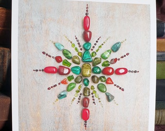 Crystal Grid Art Print - Yule, Holly and Berries Crystal Grid - Wheel of the Year - Winter Solstice - Christmas