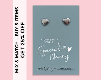 Nanny - Silver Heart Stud Earrings on Gift Card | 304 Stainless - Hypoallergenic| Gift for