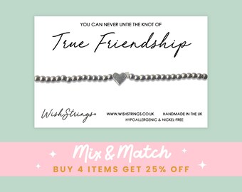 True Friendship, Heart Beaded Stacking Bracelet on Quote Gift Card - Stainless Steel Silver Stretch Bracelet, Letterbox Gift for friendship