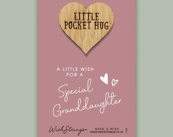 Granddaughter | Wooden Pocket Hug Heart Token with Card, Send a Keepsake Hug, Letterbox Gift | Gift