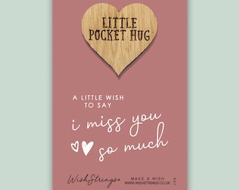 I Miss You | Wooden Pocket Hug Heart Token with Card, Send a Keepsake Hug, Letterbox Gift | Gift