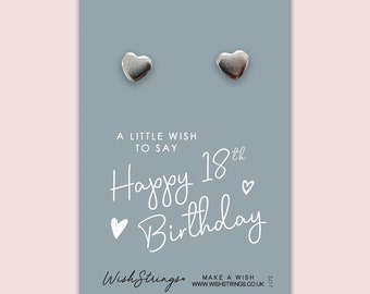 Happy 18th Birthday - Silver Heart Stud Earrings on Gift Card | 304 Stainless - Hypoallergenic| Gift for