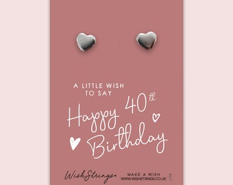 Happy 40th Birthday - Silver Heart Stud Earrings on Gift Card | 304 Stainless - Hypoallergenic| Gift for
