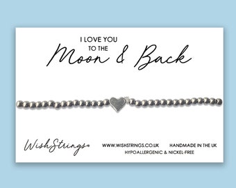 Heart Beaded Stacking Bracelet on Quote Gift Card - Stainless Steel Silver Stretch Bracelet, Letterbox Gift for