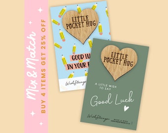 Good Luck, Choose Designs | Wooden Pocket Hug Heart Token, Lucky Charm Gift, Pocket Hugs Heart with Card, Send a Hug, Wooden Keepsake