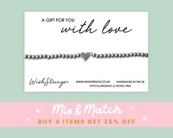 Heart Beaded Stacking Bracelet on Quote Gift Card - Stainless Steel Silver Stretch Bracelet, Letterbox Gift for friendship, just because