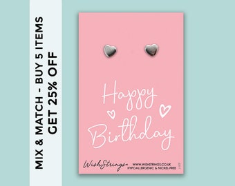 Happy Birthday - Silver Heart Stud Earrings on Gift Card | 304 Stainless - Hypoallergenic| Gift for