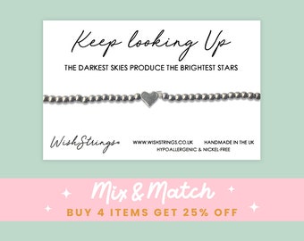 Keep Looking Up, Heart Beaded Stacking Bracelet on Quote Gift Card - Stainless Steel Silver Stretch Bracelet, Letterbox Gift for Strength