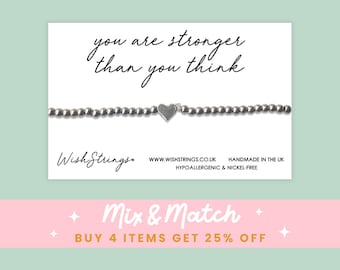 Stronger than you Think, Heart Beaded Stacking Bracelet on Quote Gift Card - Stainless Steel Silver Stretch Bracelet, Gift for strength