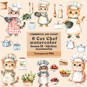 Cat Chef Clipart - 6 PNG Watercolor Cats in chef hat clipart, Cute Animals Decor, Baby Kitty Cooking Clip art, Kitchen accessories