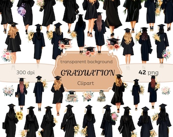 Watercolor alumni woman, Graduation clipart grad hat, Black cap and gown, flowers, books, owl Mortarboard, Graduation designs