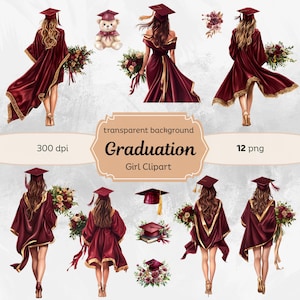 Acquerello donna bordeaux, cappello di laurea, clipart di ex studenti, cappello, bouquet di Rosses, laureato rosso, clipart di fiori con toga e diploma di laurea, laureata donna