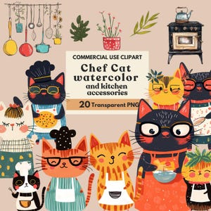 Cat Chef Clipart - 20 PNG Watercolor Cats in chef hat clipart, Cute Animals Decor, Baby Kitty Cooking Clip art, Kitchen accessories