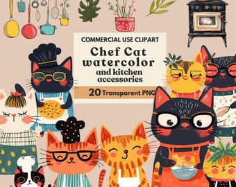 Cat Chef Clipart - 20 PNG Acquerello Gatti in cappello da cuoco clipart, Decorazioni per animali carini, Clip art di cucina per gattini, Accessori da cucina