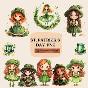 St. Patrick&#39;s Day Clipart, Cute Saint Patrick&#39;s Day PNG, Leprechaun girl, Leprechaun Clipart, St.Patrick’s Day bundle, Cute Saint Patrick