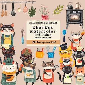Cat Chef Clipart - 20 PNG Watercolor Cats in chef hat clipart, Cute Animals Decor, Baby Kitty Cooking Clip art, Kitchen accessories