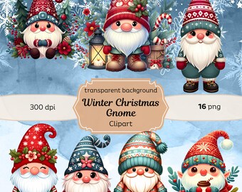 Set di clipart di gnomi natalizi – 10 design PNG con sfondo trasparente – Adesivi per le feste, download digitali, artigianato, biglietti