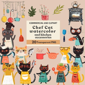 Cat Chef Clipart - 20 PNG Watercolor Cats in chef hat clipart, Cute Animals Decor, Baby Kitty Cooking Clip art, Kitchen accessories