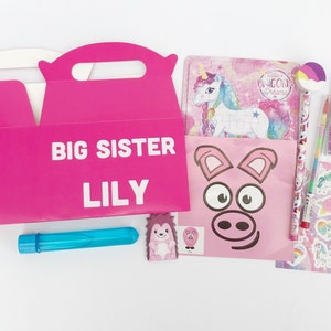 May include: Pink and white gift box with the text "Big Sister Lily" on the front. The box is filled with a variety of items, including a unicorn puzzle, a unicorn pencil, a unicorn sticker sheet, a pig face mask, a hedgehog eraser, and a blue bubble wand.