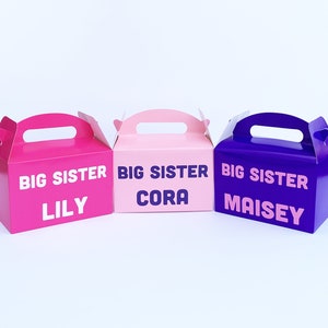 K&ouml;nnte beinhalten: Drei rosa und violette Geschenkboxen mit dem Text "Gro&szlig;e Schwester" und den Namen "Lily", "Cora" und "Maisey" darauf gedruckt.