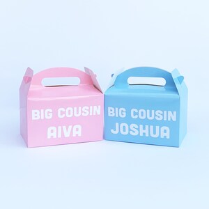 May include: Two favor boxes, one pink and one blue, with the text "Big Cousin Aiva" and "Big Cousin Joshua" printed on them.