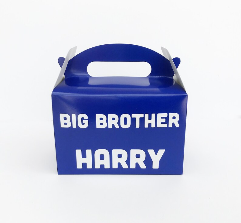 K&ouml;nnte beinhalten: Blaue Geschenkbox aus Pappe mit Griff. Auf der Vorderseite der Box steht "BIG BROTHER HARRY" gedruckt.