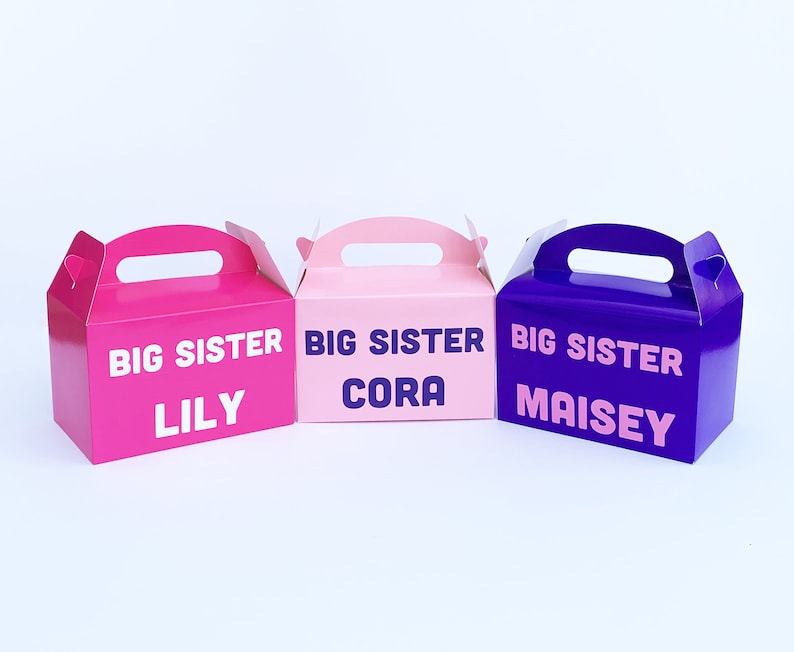 May include: Three pink and purple favor boxes with the text "Big Sister" and the names "Lily", "Cora", and "Maisey" printed on them.
