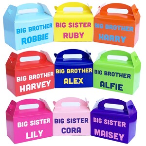 May include: Nine colorful favor boxes with handles. The boxes are decorated with the words "Big Brother" and "Big Sister" followed by a name. The names are Robbie, Ruby, Harry, Harvey, Alex, Alfie, Lily, Cora, and Maisey.