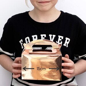 May include: A rose gold favor box with a handle. The box is 15 inches wide and has a shiny metallic finish.