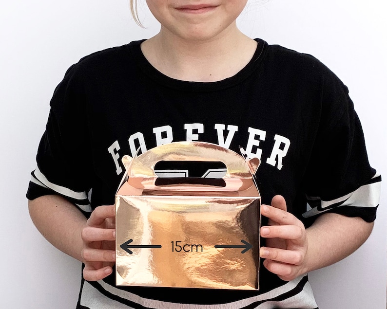 May include: A rose gold favor box with a handle. The box is 15 inches wide and has a shiny metallic finish.