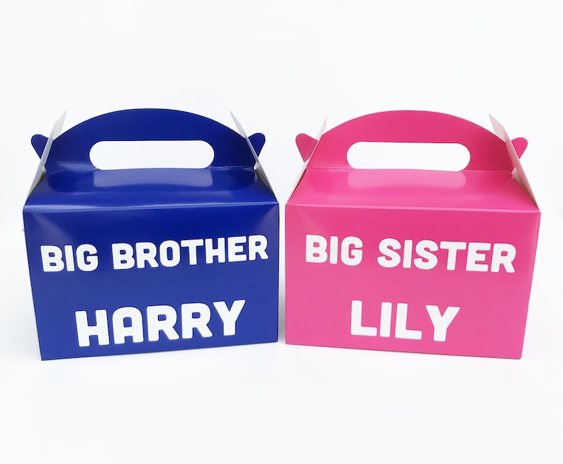 K&ouml;nnte beinhalten: Zwei Geschenkboxen, eine blaue und eine rosa, mit den Worten "Gro&szlig;er Bruder" und "Gro&szlig;e Schwester" bedruckt. Die blaue Box tr&auml;gt den Namen "Harry" und die rosa Box den Namen "Lily".