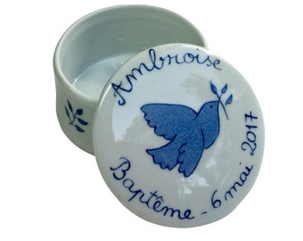 Boîte à dragées de baptême personnalisée Colombe Bleu Marine ou Rose Framboise en porcelaine peint main