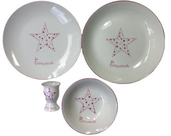 Personalized hand painted porcelain dinnerware set Pink star filled with a seedling of stars 4 items