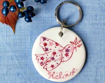 Personalized First Communion Gift: Keychain or medallion dove with pink stars