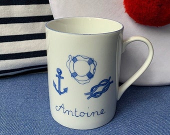 Mug personnalisé aux motifs marins pour amateur de voile, porcelaine peint main