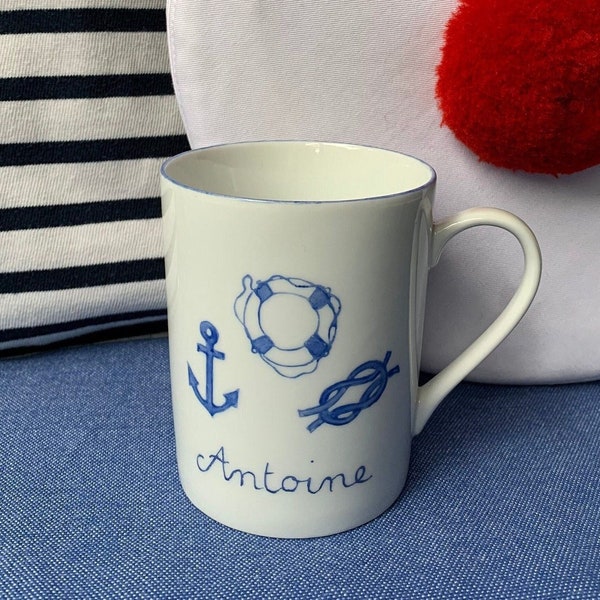 Mug personnalisé aux motifs marins pour amateur de voile, porcelaine peint main