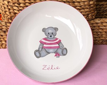 Personalized children's soup plate Pink Bear in hand-painted porcelain