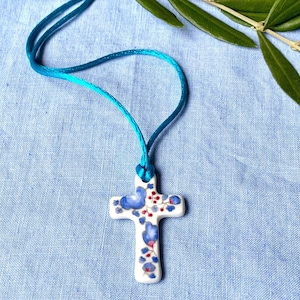 Liberty flowers baptism or first communion cross, blue, pink, red, porcelain jewel