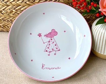 Assiette creuse en porcelaine personnalisée pour enfant: fée Souris Rose et sa poudre d'étoiles