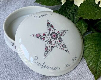 Baptism or first communion jewelry box in personalized porcelain Liberty star Gray hand painted