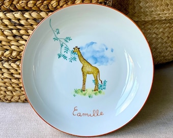 Assiette creuse ou plate en porcelaine personnalisée Girafe, service Animaux de la savane