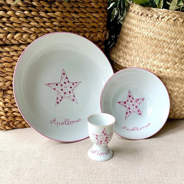 Ensemble vaisselle de bébé en porcelaine personnalisée Etoiles roses peint à la main