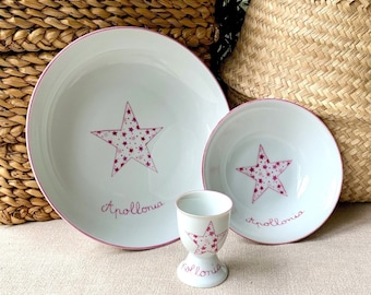 Personalized porcelain baby tableware set Pink stars hand painted