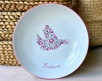 Assiette en porcelaine de baptême ou communion Colombe en Liberty rose